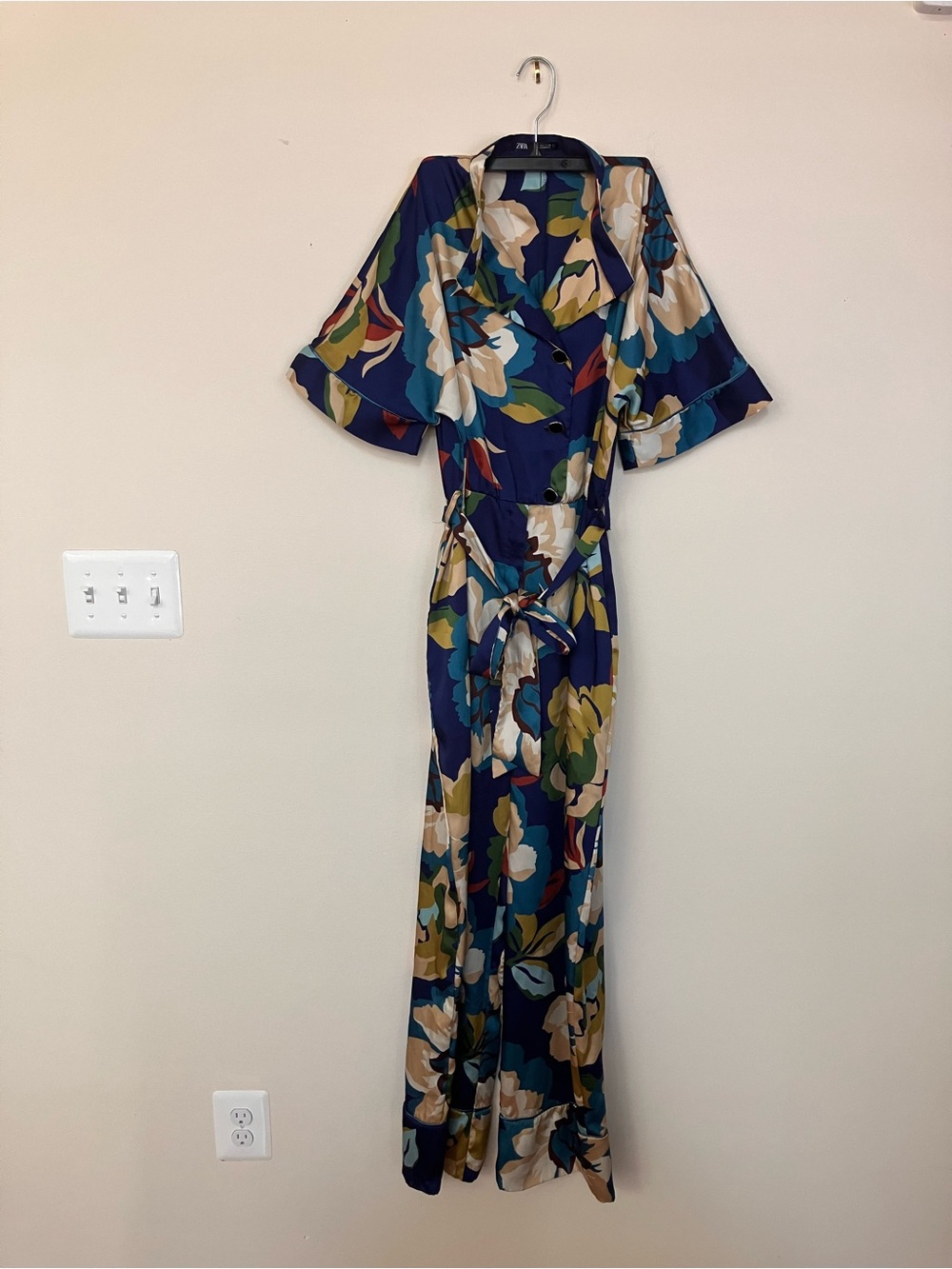 Zara Bold Floral Wide-Leg Jumpsuit in Blue, Green and Cream - Picture 4 of 13